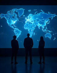 business people on the world Global business people silhouette team network abstract map.
