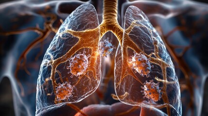 Detailed illustration of human lungs with visible viruses, showcasing respiratory anatomy and infection