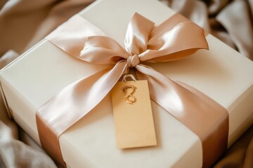 A luxurious gift box wrapped in cream-colored paper, adorned with a gold satin ribbon and a tag