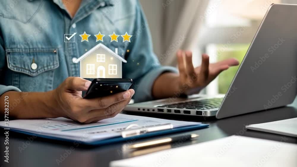 Aufkleber person using phone with house and star rating overlay while typing on a laptop near documents