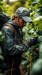 Obraz premium A dedicated vineyard worker inspects grape vines while wearing rain gear. The soft, damp terrain showcases the challenges of agricultural work during wet conditions