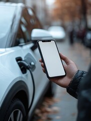 Electric Vehicle Charging App Mockup Person Using Smartphone at Charging Station