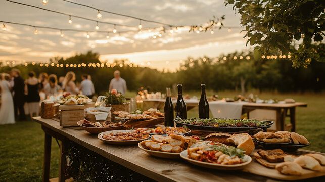 Rustic countryside banquet under string lights in an open field, wooden tables filled with homemade food, fresh bread, grilled vegetables, wine bottles.