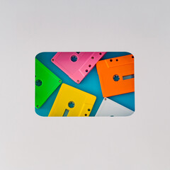 Vintage style layout with colorful old audio cassette tapes visible through a cassette tape shaped gap on blue background. Creative concept of retro technology. Nostalgia fashion aesthetic. Flat lay.