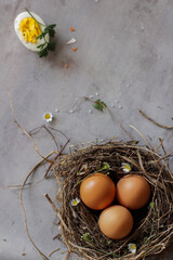 Eggs in shells in a nest, daisies and a halved egg, minimalist Easter composition, spring...