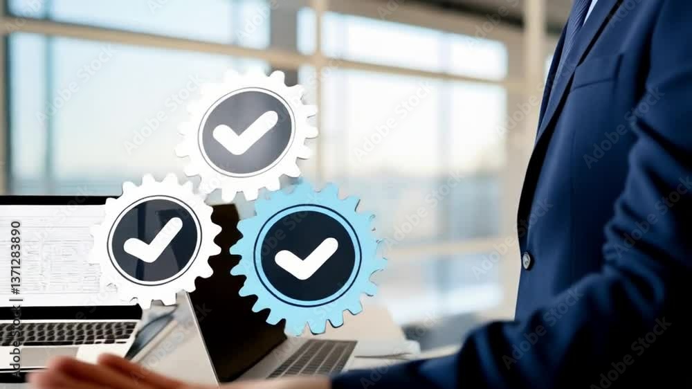 Aufkleber man holding gears with check marks in hand with laptop and tablet on desk in office setting