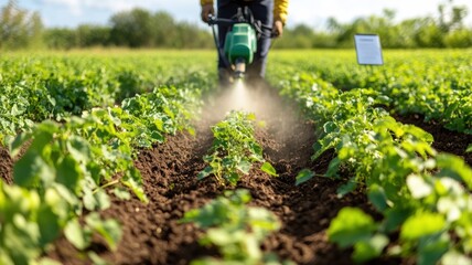 A farmer operates a crop spraying machine in a lush green field, applying necessary treatment to growing plants under clear skies. The scene captures the vibrant agricultural work in progress