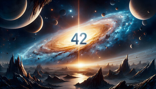 Majestic spiral galaxy with the number 42 glowing at its center, surrounded by planets and moons against a backdrop of distant mountains and an alien landscape.