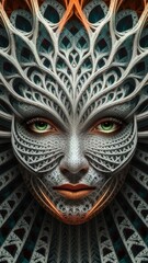 Naklejka premium Intricate face design with tree-like patterns and green eyes