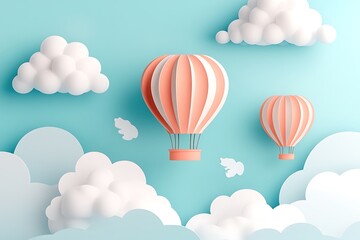 Flat hot air balloons with clouds in the sky, using light colors and a minimalist approach