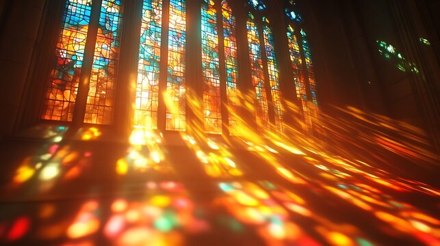 Sunlight streaming through a colorful stained glass cathedral window