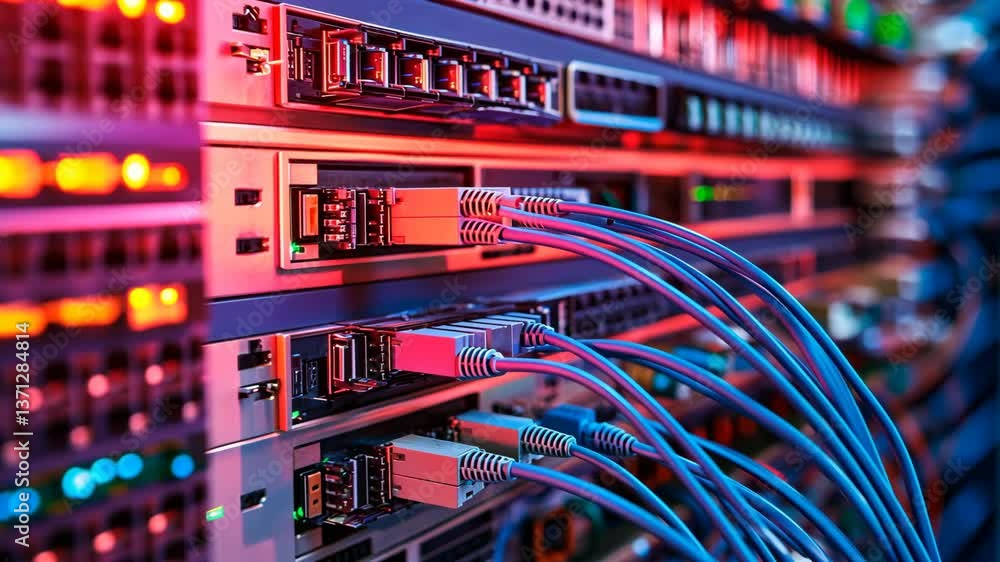 Poster network server with illuminated servers and cables in a data center showcasing modern technology inf