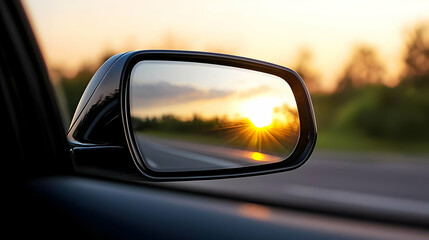 Car Side Mirror Reflecting Sunset Over Highway