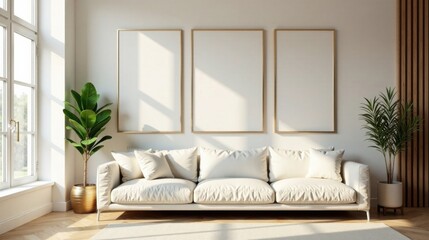 Serene living room interior design with three blank frames above a creamy white sofa, featuring two potted plants and sunlight streaming through a large window.
