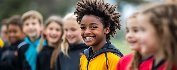 Fototapeta premium Youth sports event outdoor field smiling kids team spirit joyful atmosphere