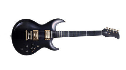 A sleek electric guitar with a shiny finish and detailed strings isolated on a transparent background