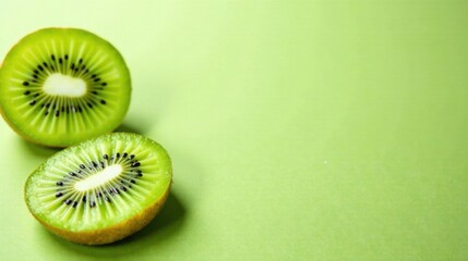 Two Halves of a Refreshing Kiwi Fruit on a Vibrant Green Background, Ideal for Culinary or Health-Related Designs