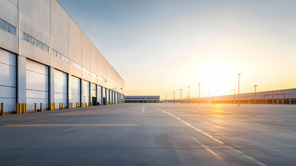 Empty Industrial Warehouse Parking Lot At Sunrise