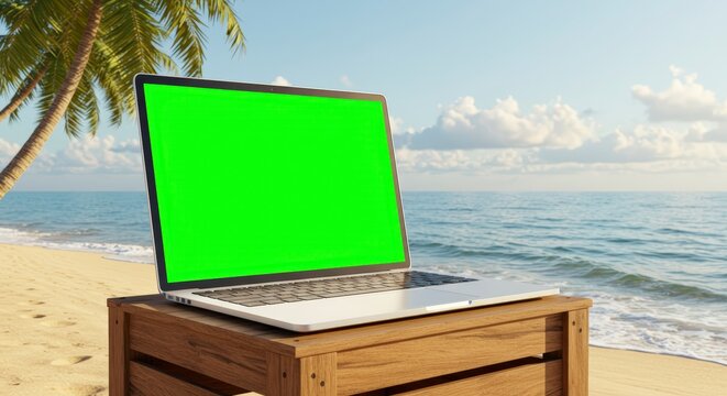 Working Remotely Laptop with Green Screen on Tropical Beach Scene