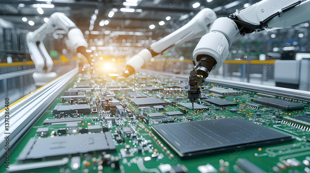 Poster automated robotic arms assembling circuit board in a modern factory
