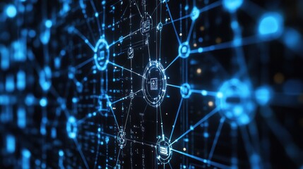 Obraz premium Abstract network of interconnected digital data points. Complex system of glowing blue nodes and lines against a dark background. Intricate network structure. High-tech graphic design. 