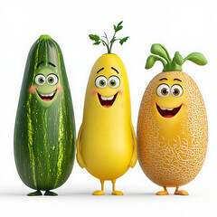 Three anthropomorphic fruits and vegetables stand side-by-side smiling cheerfully against a bright white background rendered in a cartoonish style.