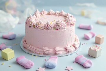 A pastel pink smash cake surrounded by tiny baby socks and decorative blocks