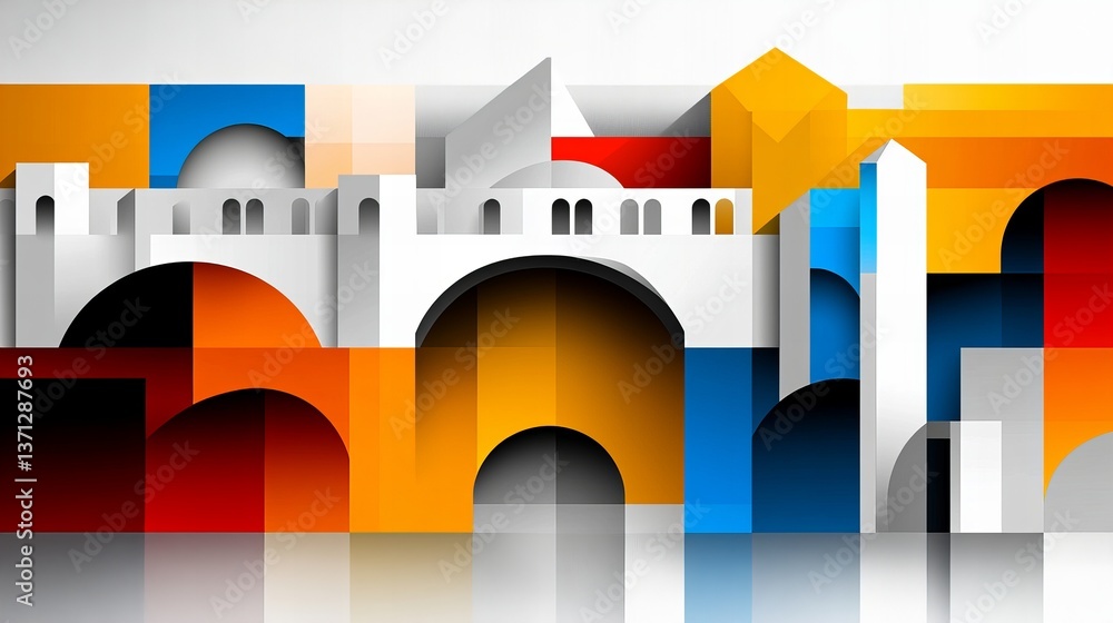 Poster abstract architecture featuring a white bridge with arches is composed of colorful geometric shapes 