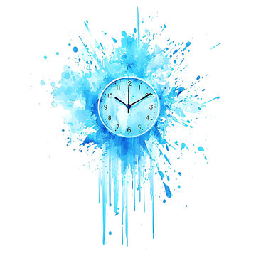 A clock face is surrounded by a vibrant exploding watercolor wash in shades of blue against a white background.