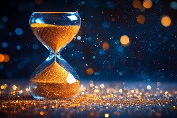 Golden Hourglass on Sparkling Glitter Background Time, Luxury, and Elegance