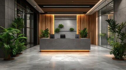 Modern office reception area featuring sleek design, greenery, and warm lighting ambiance