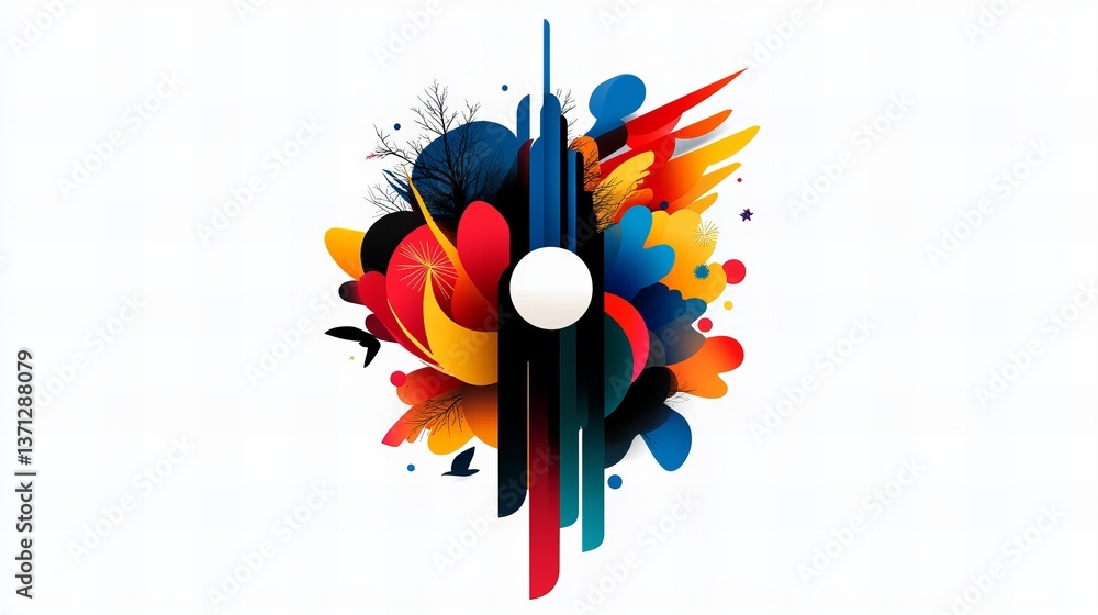 Poster abstract artwork features a central white circle surrounded by vibrant shapes and vertical lines on 