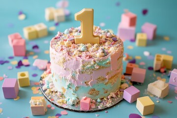 A pastel-themed smash cake with "1" topper surrounded by baby blocks and confetti