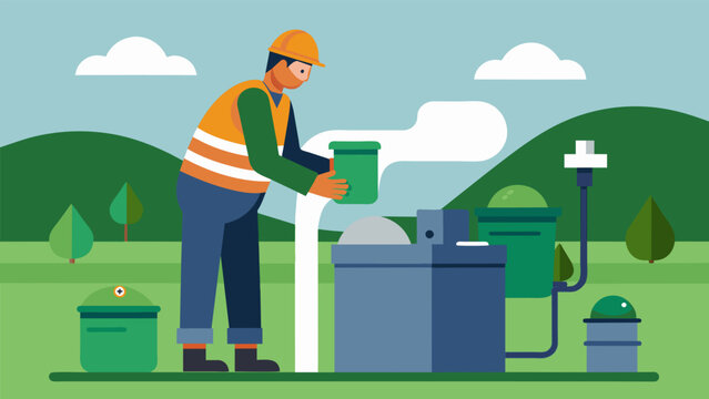 A landfill worker doing routine maintenance on a ane capture system ensuring its smooth operation and effectiveness in reducing emissions.. Vector illustration