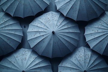 Flat umbrellas in the rain on a gray background, using cool tones and minimalist shapes