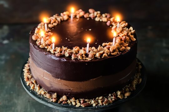 A peanut butter chocolate cake adorned with chopped nuts and glowing candles - Powered by Adobe