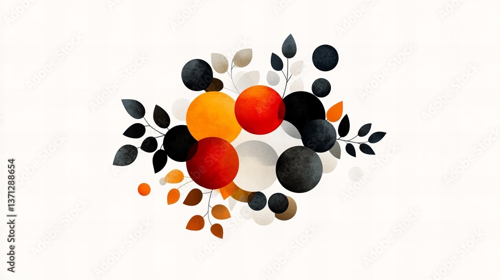 Poster abstract circles and leaves appear on a white backdrop in an arrangement with varying colors.