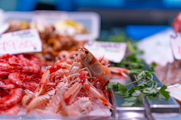 Fresh seafood on display at a farmers market. Healthy, eco-friendly food rich in omega-3 and vitamins. Local sustainable produce for conscious lifestyle and nutrition.