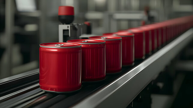 Red Cans Moving On Automated Production Line