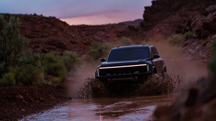 Off-road vehicle splashes through muddy water in rugged terrain at sunset, showcasing adventure