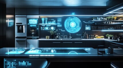 Obraz premium Futuristic Smart Kitchen with Holographic Display and Advanced Appliances