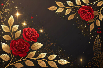 Elegant Arrangement of Red Roses and Petals on a Black Background,Elegant Red Roses on Black Background. A dramatic floral arrangement of red roses with golden swirls on a dark black background.