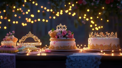 A princess birthday scene with twinkling fairy lights, a table set with tiaras, and a cake adorned with edible flowers