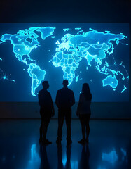 business people on the world Global business people silhouette team network abstract map.