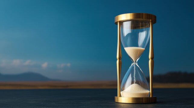 Time management symbolized by hourglass desert landscape conceptual photography serene environment close-up viewpoint