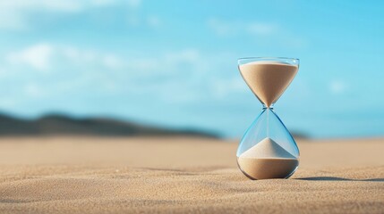 Time management strategies hourglass symbolizing income expenses and savings in business coastal landscape focused view