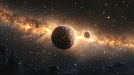 A planet and moon against a bright galaxy band, surrounded by stars and cosmic dust, viewed from a rocky surface