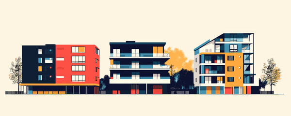 Colorful modern buildings with trees and sky in the background - vector