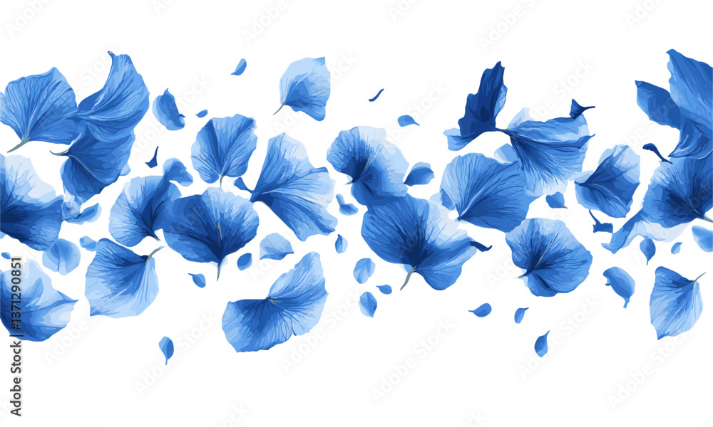 Poster blue petals floating on white background in minimalistic design vector