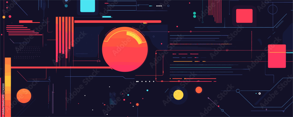 Poster futuristic digital circuitry with neon geometric shapes on dark background vector